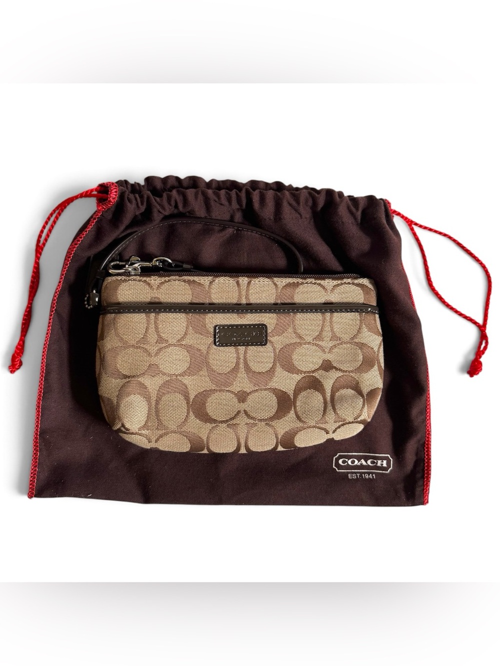 Coach Park Signature C Medium Wristlet Khaki Mahogany Patent Leather F51685